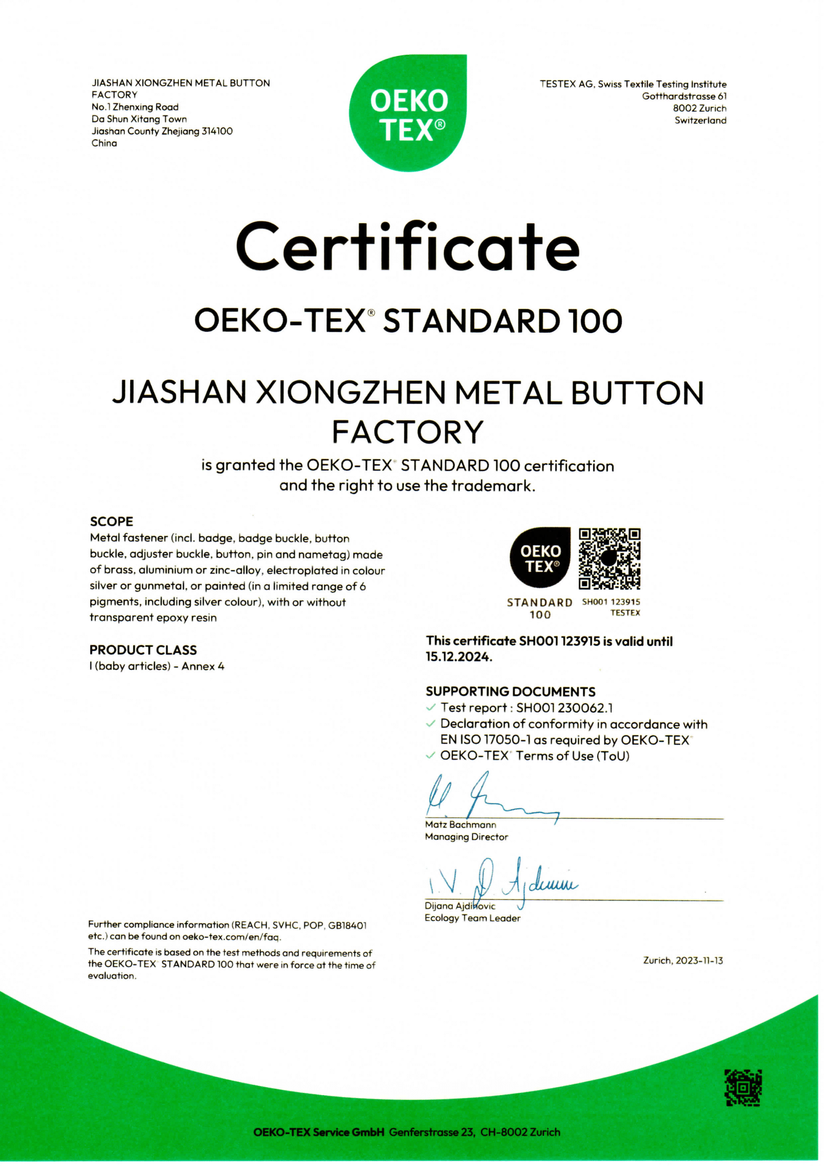 OEKO-TEX Metal Certification